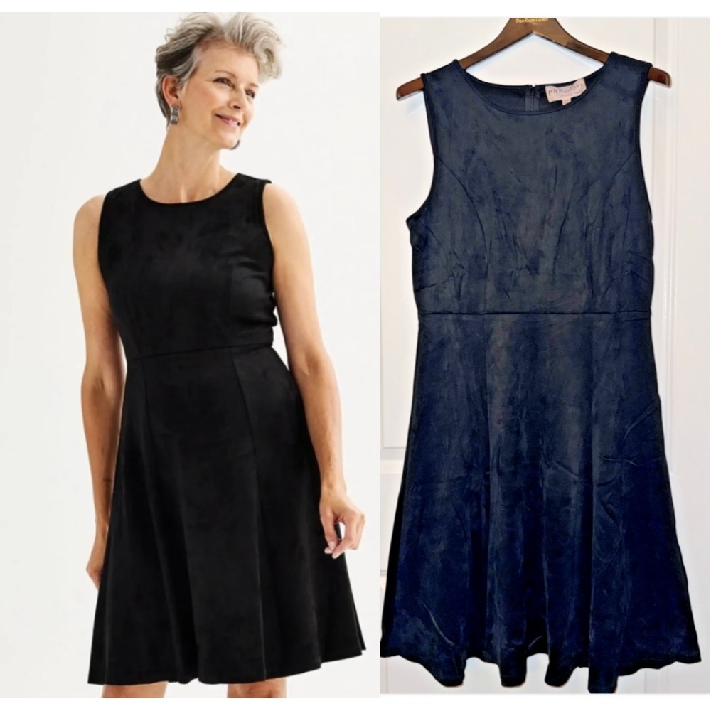Philosophy Size 10 Faux Suede Fit & Flare Dress Black NWT Boatneck LBD